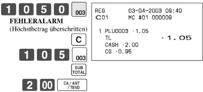 1 0 5 0 003 FEHLERALARM (Höchstbetrag überschritten) C 1 0 5 003 SUB TOTAL 2 00 CA/AMT /TEND REG 03-04-2003 09:40 C01 MC #01 000009 1 PLU0003 ·1.05 TL ·1.05 CASH ·2.00 CG ·0.95