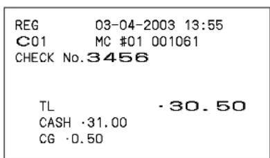 REG 03-04-2003 13:55 C01 MC #01 001061 CHECK No.3456 TL ·30.50 CASH ·31.00 CG ·0.50