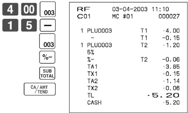 4 00 003 1 5 - 003 %- SUB TOTAL CA/AMT /TEND RF 03-04-2003 11:10 C01 MC #01 000027 1 PLU0003 T1 -4.00 - T1 -0.15 1 PLU0003 T2 -1.20 5% %- T2 -0.06 TA1 -3.85 TX1 -0.15 TA2 -1.14 TX2 -0.06 TL -5.20 CASH -5.20