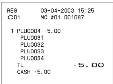 REG 03-04-2003 15:25 C01 MC #01 001087 1 PLU0004 ·5.00 PLU0031 PLU0032 PLU0033 PLU0034 TL -5.00 CASH ·5.00