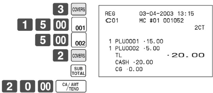 3 COVERS 1 5 00 001 5 00 002 2 COVERS SUB TOTAL 2 0 00 CA/AMT /TEND REG 03-04-2003 13:15 C01 MC #01 001052 2CT 1 PLU0001 ·15.00 1 PLU0002 ·5.00 TL ·20.00 CASH ·20.00 CG ·0.00