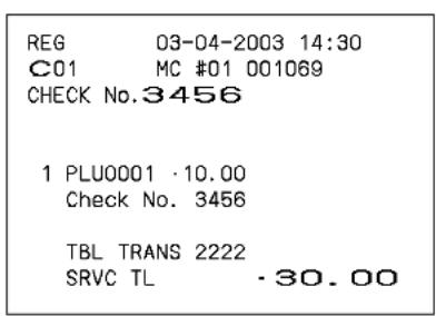 REG 03-04-2003 14:30 C01 MC #01 001069 CHECK No.3456 1 PLU0001 ·10.00 Check No. 3456 TBL TRANS 2222 SRVC TL ·30.00