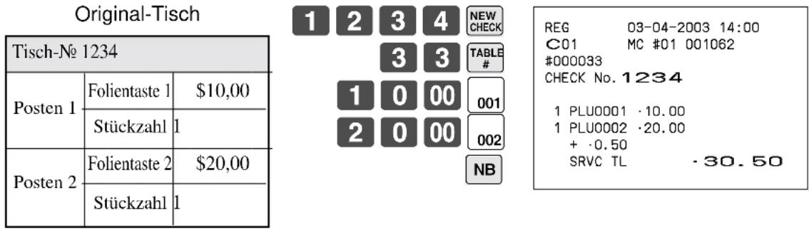 Original-Tisch Tisch-No 1234 Posten 1 Folientaste 1 $10,00 Stückzahl 1 Posten 2 Folientaste 2 $20,00 Stückzahl 1 1 2 3 4 NEW CHECK 3 3 TABLE # 1 0 00 001 2 0 00 002 NB REG 03-04-2003 14:00 C01 MC #01 001062 #000033 CHECK No. 1234 1 PLU0001 ·10.00 1 PLU0002 ·20.00 + ·0.50 SRVC TL ·30.50