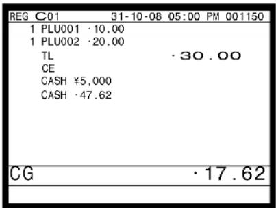REG C01 31-10-08 05:00 PM 001150 1 PLU001 ·10.00 1 PLU002 ·20.00 TL ·30.00 CE CASH ¥5,000 CASH ·47.62 CG ·17.62