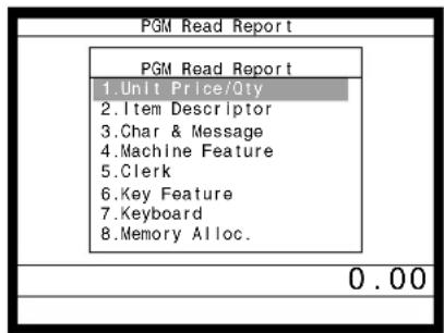PGM Read Report PGM Read Report 1.Unit Price/Qty 2.Item Descriptor 3.Char & Message 4.Machine Feature 5.Clerk 6.Key Feature 7 spacecraft 8.Memory Alloc. 0.00
