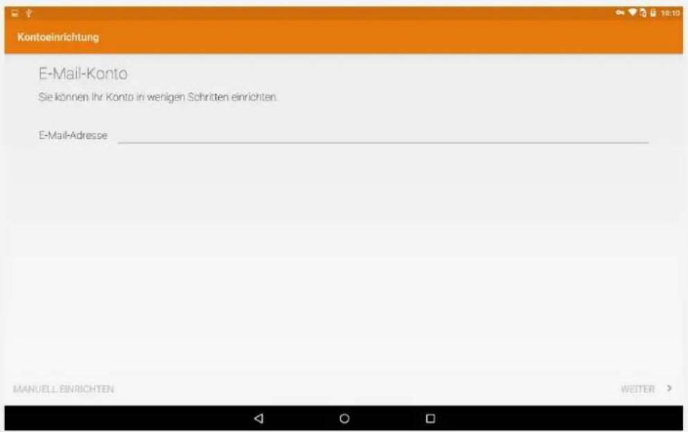 Kontoeinrichtung E-Mail-Konto Sie können Ihr Konto in wenigen Schritten einrichten. E-Mail-Adresse ____ MANUELLEINRICHTEN WETTER >