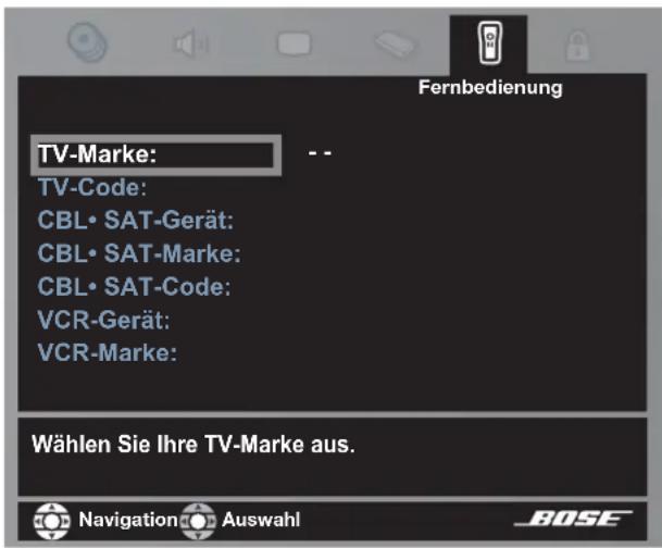 Fernbedienung TV-Marke: TV-Code: CBL• SAT-Gerät: CBL• SAT-Marke: CBL• SAT-Code: VCR-Gerät: VCR-Marke: Wählen Sie Ihre TV-Marke aus. Navigation Auswahl