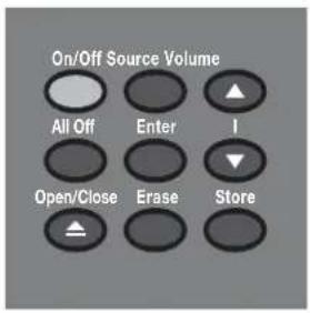 Schaltet das System ein oder aus (nur im Hauptraum). Wählt beim Einschalten des Systems die zuletzt verwendete Quelle aus. Schaltet das System und alle angeschlossenen Lautsprecher ab (in allen Räumen) Open/Close Öffnet und schließt das DVD-/CD-Fach. Wählt die als Nächstes in der Reihenfolge verfügbare Tonquelle aus. Startet die DVD-Wiedergabe, wenn diese Option aus den auf dem Bildschirm angezeigten DVD-Menüoptionen ausgewählt wird. Bei gleichzeitiger Verwendung der Taste „Store“ durchläuft diese Taste Systemeinstellungen auf der Anzeige des Media Center und und wählt diese aus. Löscht einen vorgewählten Radiosender. Volume Erhöht die Lautstärke und hebt eine ggf. aktivierte Stummschaltung auf. Verringert die Lautstärke des Systems, schaltet die Quelle jedoch nicht stumm. Kopiert die Tracks von einer Audio-CD auf die interne Festplatte. Wenn das System ausgeschaltet ist, wird der Hauscode der Fernbedienung zurückgesetzt. Store Bei gleichzeitiger Verwendung der Taste „Enter“ durchläuft diese Taste Systemeinstellungen auf der Anzeige des Media Center und und wählt diese aus.