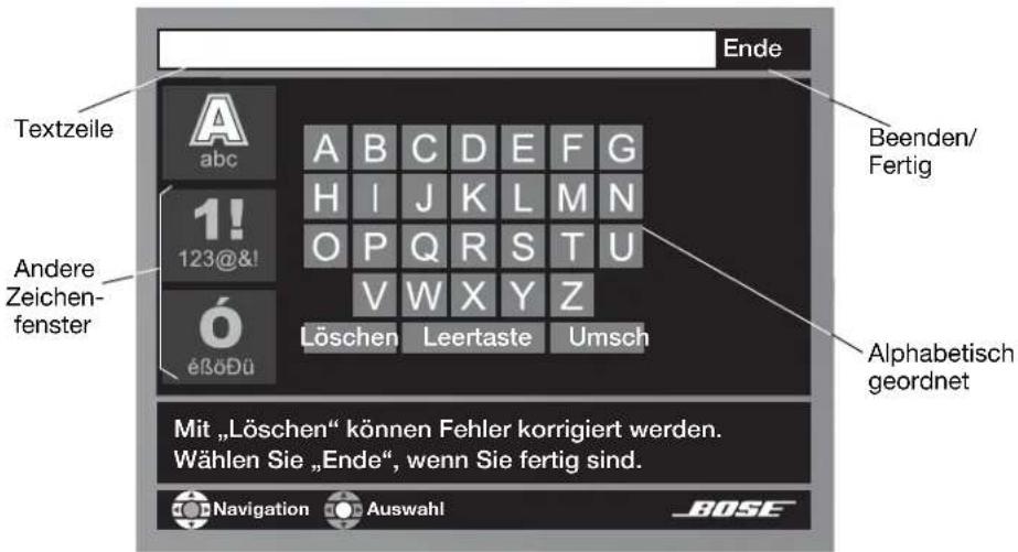 Ende Textzeile abc A B C D E F G H I J K L M N 1! O P Q R S T U 123@&! V W X Y Z éßöDü Löschen Leertaste Umsch Beenden/ Fertig Alphabetisch geordnet Mit „Löschen“ können Fehler korrigiert werden. Wählen Sie „Ende“, wenn Sie fertig sind. Navigation Auswahl BOSE