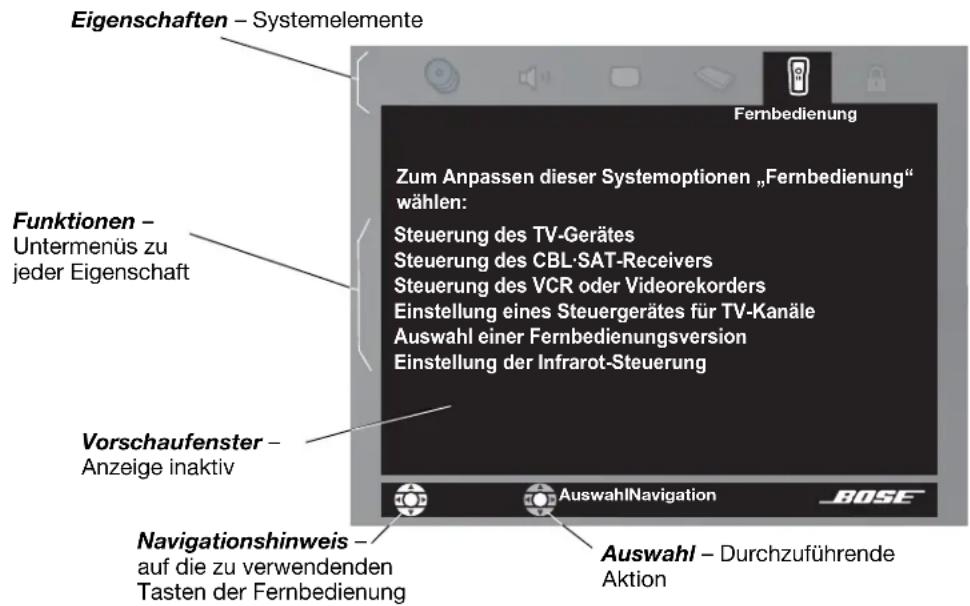 Eigenschaften – Systemelemente Fernbedienung Zum Anpassen dieser Systemoptionen „Fernbedienung“ wählen: Steuerung des TV-Gerätes Steuerung des CBL-SAT-Receivers Steuerung des VCR oder Videorekorders Einstellung eines Steuergerätes für TV-Kanäle Auswahl einer Fernbedienungsversion Einstellung der Infrarot-Steuerung Vorschaufenster – Anzeige inaktiv AuswahlNavigation Navigationshinweis – auf die zu verwendenden Tasten der Fernbedienung Auswahl – Durchzuführende Aktion