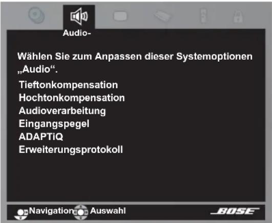 Audio- Wählen Sie zum Anpassen dieser Systemoptionen „Audio“. Tieftonkompensation Hochtonkompensation Audioverarbeitung Eingangspegel ADAPTiQ Erweiterungsprotokoll