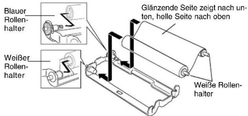Blauer Rollen- halter Glänzende Seite zeigt nach un- ten, helle Seite nach oben Weiße Rollen- halter Weißer Rollen- halter