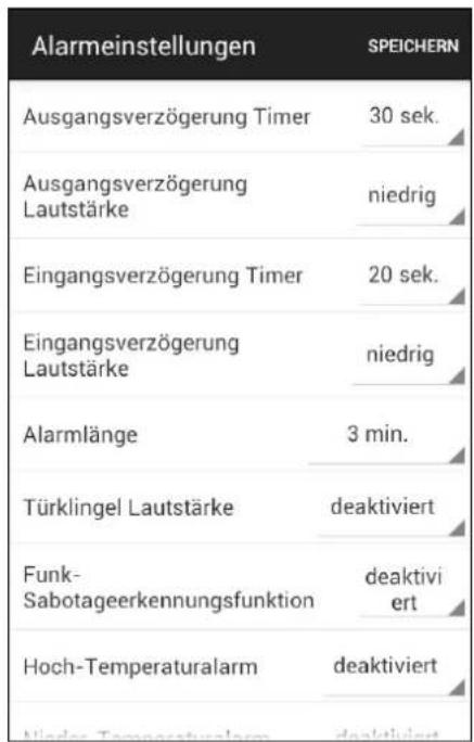 Alarmeinstellungen SPEICHERN Ausgangsverzögerung Timer 30 sek. Ausgangsverzögerung Lautstärke niedrig Eingangsverzögerung Timer 20 sek. Eingangsverzögerung Lautstärke niedrig Alarmlänge 3 min. Türklingel Lautstärke deaktiviert Funk- Sabotageerkennungsfunktion deaktivi ert Hoch-Temperaturalarm deaktiviert