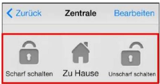 Zurück Zentrale Bearbeiten Scharf schalten Zu Hause Unscharf schalten