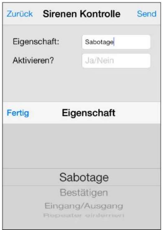 Zurück Sirenen Kontrolle Send Eigenschaft: Sabotage Aktivieren? Ja/Nein Fertig Eigenschaft Sabotage Bestätigen Eingang/Ausgang Repeater einlernen