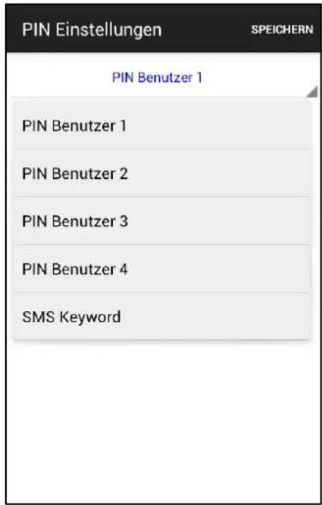 PIN Einstellungen SPEICHERN PIN Benutzer 1 PIN Benutzer 1 PIN Benutzer 2 PIN Benutzer 3 PIN Benutzer 4 SMS Keyword
