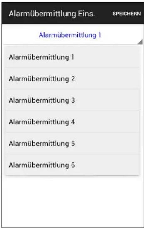 Alarmübermittlung Eins. SPEICHERN Alarmübermittlung 1 Alarmübermittlung 1 Alarmübermittlung 2 Alarmübermittlung 3 Alarmübermittlung 4 Alarmübermittlung 5 Alarmübermittlung 6