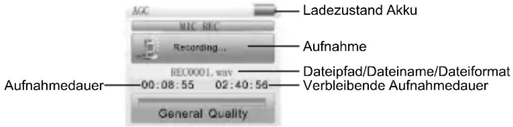 AGC MIC REC Recording... REC0001.wav Aufnahmedauer 00:08:55 02:40:56 General Quality Ladezustand Akku Aufnahme Dateipfad/Dateiname/Dateiformat Verbleibende Aufnahmedauer