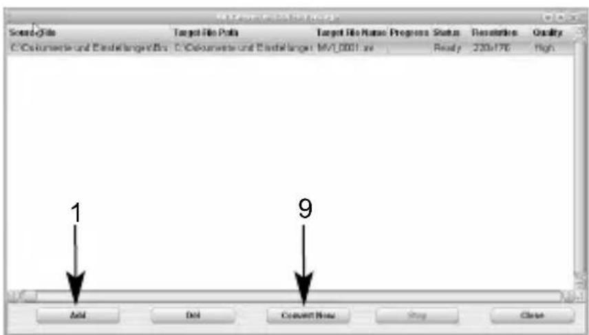 SoundFile Target File Paths Target File Name: Progress Status Denations Quality C:\Calciumware und Einstellangen\Brs C:\Calciumware und Einstellangen MVL0001.exe Ready 230x176 High 1 9 Add Det Connect Now Stop Close