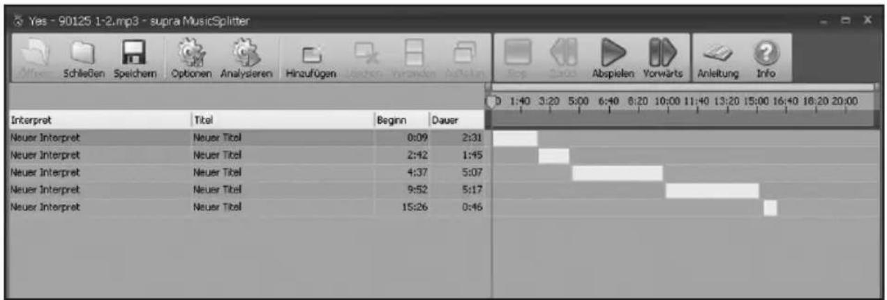 Yes - 90125 1-2.mp3 - supra MusicSplitter Schließen Speichem Optionen Analysieren Hinzufügen Abspielen Vorwarts Anleitung Info Interpret Titel Beginn Dauer Neuer Interpret Neuer Titel 0:09 2:31 Neuer Interpret Neuer Titel 2:42 1:45 Neuer Interpret Neuer Titel 4:37 5:07 Neuer Interpret Neuer Titel 9:52 5:17 Neuer Interpret Neuer Titel 15:26 0:46