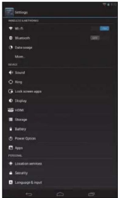 Settings WIRELESS NETWORKS Wi-Fi Bluetooth Data usage More... service Sound Ring Lock screen apps Display HDMI Storage Battery Power Option Apps personal Location services Security Language & input