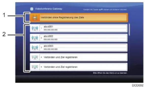 1 2 Videokunferenz-Gateway Kangart mit Taster ▲ Vatten und Erkennordnen. Verbinden ohne Regisierung des Zeils 1 abcd001 000.000.000.000 2 abcd002 000.000.000.000 3 abcd003 000.000.000.000 4 Verbinden und Ziel registrieren 5 Verbinden und Ziel registrieren Dita offen Sie das Mehr um zu werden. DCD002