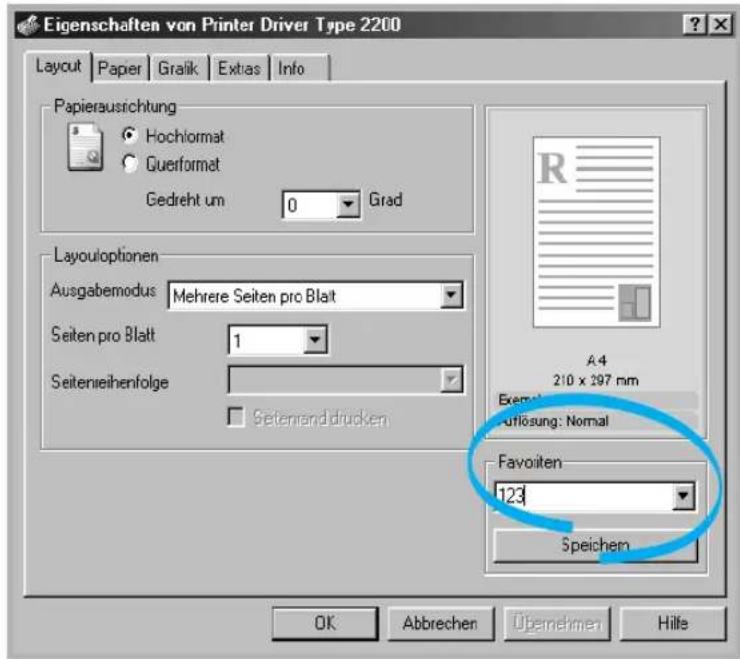 Eigenschaften von Printer Driver Type 2200 Layout | Paper | Grafik | Extias | Info Papierausichtung Hochlormat Gueformat Gedreht um 0 Grad Layoutoptionen Ausgabemodus Mehrere Seiten pro Blatt Seiten pro Blatt 1 Seitenreihenfolge Seternanddrucken A4 210 x 297 mm Exemt. Uflösung: Normal Favoinen 123 Speichern OK Abbrechen Übernehmen Hilfe