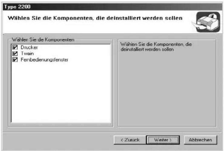 Type 2200 Wählen Sie die Komponenten, die deinstalliert werden sollen Wählen Sie die Komponenten Drucker Twain Fernbedienungsfenster Wählen Sie die Komponenten, die deinstalliert werden sollen < Zuruck Weiter > Abbrechen