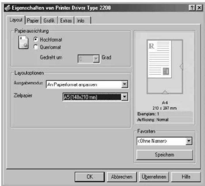 Eigenschaften von Printer Driver Type 2200 Layout Papier Grafik Extras Info Papierausichtung Hochformat Queriormat Gedreht um 0 Grad Layoutoptionen Ausgabemodus: An Papieformat anpassen Zielpapier 45 (148x210 mm) A4 210 x 297 mm Exemplare: 1 Aufkösung: Normal Favorten Speichern OK Abbrechen Übernehmen Hilfe
