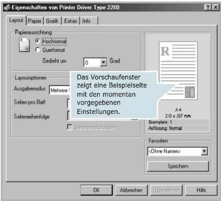 Eigenschaften von Printer Driver Type 2200 Layout | Paper | Grafik | Extas | Info Papierausrichtung Hochlormat Querformat Gedreht um 0 Grad Das Vorschaufenster zeigt eine Beispilseite mit den momentan vorgegebenen Einstellungen. Ausgabemodus Mehrere : Seiten pro Blatt Seitenreihenfolge A4 210 x 297 mm Exemplare: 1 Auflösung: Normal Favoinen Speichem OK Abbrechen Übernehmen Hilfe