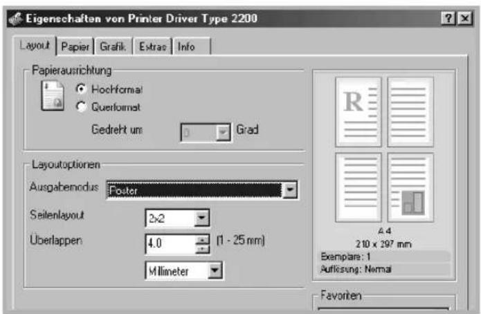 Eigenschaften von Printer Driver Type 2200 Layout Papier Grafik Extras Info Papierausrichtung Hochformal Guerformat Gedreht um Grad Layoutoptionen Ausgabenodus Foster Seilenlayout 2x2 Überlappen 4.0 (1 - 25 mm) Millimeter 4.4 210 x 297 mm Exemplare: 1 Aufkissing: Normal Favoren