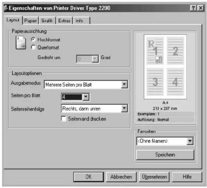 Eigenschaften von Printer Driver Type 2200 Layout Papier Grafik Extrae Info Papieausrichtung Hochformat Querformat Gedraht um 0 Grad Layoutoptionen Ausgabemodus Mehrere Seiten pro Blatt Seiten pro Blatt 4 Seiterreihenfolge Rechts, dann unten Seitenand drucken A4 210 x 267 mm Exemplare: 1 Auflösung: Normal Favoriten Speichem OK Abbiechen Übernehmen Hilfe