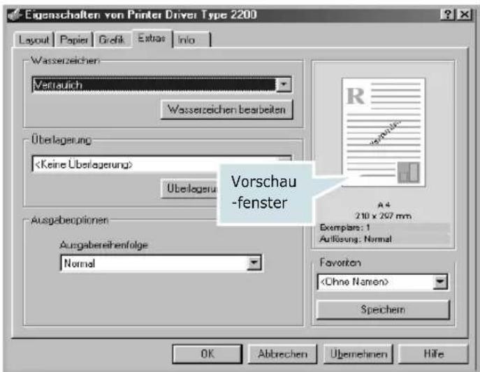 Eigenschaften von Printer Driver Type 2200 Layout Papier Grafik Extras Info Wasserzeichen Verkauch Wasserzeichen bearbeiten Überlagerung Überlagerung Vorschau-fenster Ausgabeoptionen Ausgabereihenfolge Normal A4 210 x 297 mm Exemplare: 1 Auflösung: Normal Favorten Spechen OK Abbrechen Übernehmen Hilfe