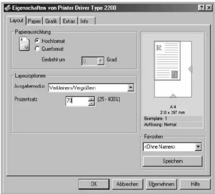 Eigenschaften von Printer Driver Type 2200 Layout Papier Graik Extas Info Paperausrichtung Hochlormat Querformat Gedrehl um Grad Layoutoptionen Ausgabemodus Verkleinem/Vergrößern Prozentsatz 70 (25 - 400%) A4 210 x 297 mm Exemplare: 1 Aufösung: Normal Favoniten Speichem OK Abbrechen Übernehmen Hilfe