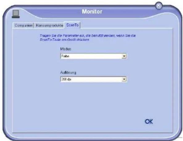 Monitor Companion Konsumprodukte ScanTo Tragen Sie die Parameter auf, die benutzt werden, wenn Sie die ScanTo-Taule an Gesamt drücken Modus Fabe Auflösung 300 dx OK