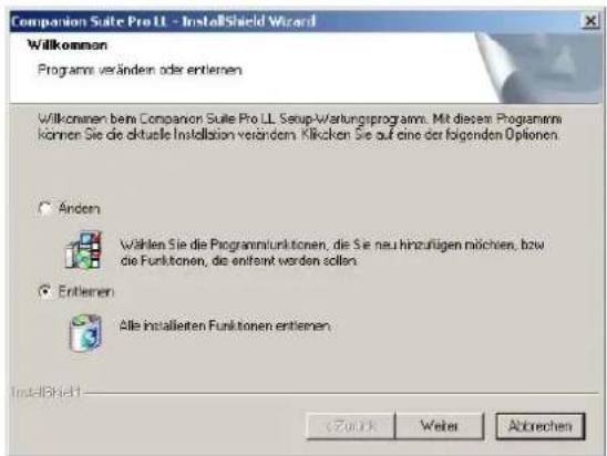 Companion Suite Pro LL - InstallShield Wizard Wilkommen Programm verändern oder entieren Wilkommen beim Companion Suite Pro LL. Setup-Wartungsprogramm. Mit diesem Programm können Sie die aktuelle Installation verändern. Klikken Sie auf eine der folgenden Optionen. Andem Wählen Sie die Programmtfunktionen, die Sie neu hinzufügen möchten, bzw die Funktionen, die entamt worden sollen. Entieren Alle installierten Funktionen entieren. InstallShield ZuUK Weier Abtrechen