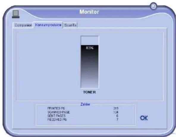 Monitor Companien Konzumprodukte ScanTo 83% TONER Zahler PRINTED PG 319 SCANNED PAGE 114 SENT PAGES 6 RECEIVED PG 7 OK