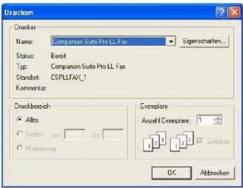 Drucker Name: Companion Suite Pro LL Fax Status: Berck Type: Companion Suite Pro LL Fax Standort: CSPLLFAX_1 Komponentar: Druckbereich ● Alles ○ Sellen vor 500 ○ Maßierung Exemplare Anzahl Exemplare: 1 1 2 3 4 5 6 Sorten OK Abtrechen