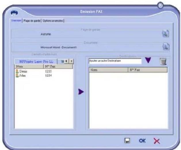 Emission FAX Emission Page de gaste Options avancées Autune Page de gaste Columen Microsoft Word - Documentt MFPPrinter Laser: Pro LL Nona N° Fax Dera 1235 John 1234 Aouter un autre Destinatase Nom N° Fax OK ✗