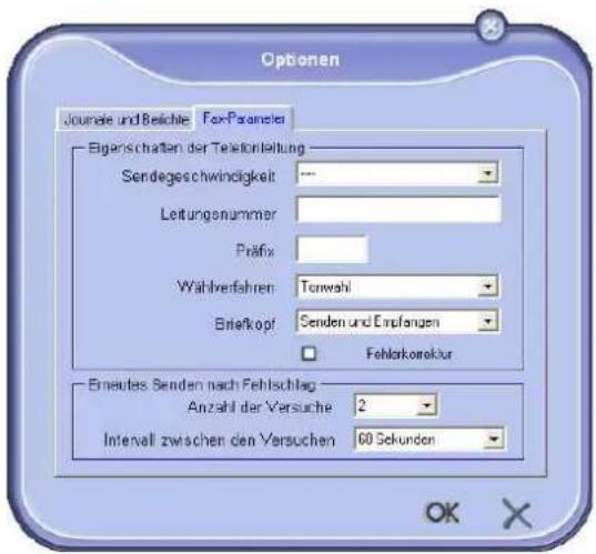 Optionen Journe und Belichte: Fox-Parameter Eigenschaften der Telefonleitung Sendegeschwindigkeit Leitungennummer Präfix Wählverfahren: Tonwahl Briefkopf: Senden und Erfangen Fehlarkoreklur Ermautes Senden nach Fehlschlag Anzahl der Versuche 2 Interval zwischen den Versuchen 60 Sekunden