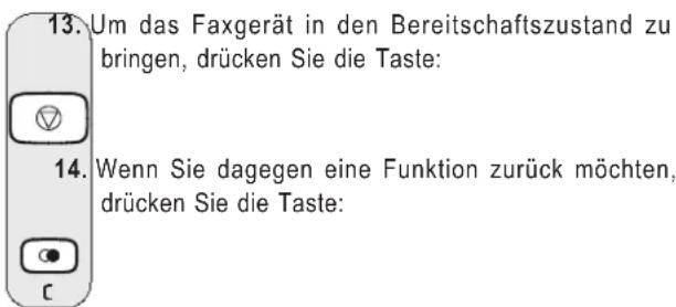 13. Um das Faxgerät in den Bereitschaftszustand zu bringen, drücken Sie die Taste: 14. Wenn Sie dagegen eine Funktion zurück möchten, drücken Sie die Taste: