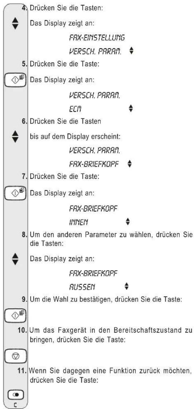 4. Drücken Sie die Tasten: ◆ Das Display zeigt an: FAX-EINSTELLUNG VERSCH. PARAM. 5. Drücken Sie die Taste: ◆ Das Display zeigt an: VERSCH. PARAM. ECN 6. Drücken Sie die Tasten ◆ bis auf dem Display erscheint: VERSCH. PARAM. FAX-BRIEFKOPF 7. Drücken Sie die Taste: ◆ Das Display zeigt an: FAX-BRIEFKOPF IYNEN 8. Um den anderen Parameter zu wählen, drücken Sie die Tasten: ◆ Das Display zeigt an: FAX-BRIEFKOPF RUSSEN 9. Um die Wahl zu bestätigen, drücken Sie die Taste: ◆ 10. Um das Faxgerät in den Bereitschaftszustand zu bringen, drücken Sie die Taste: ◆ 11. Wenn Sie dagegen eine Funktion zurück möchten, drücken Sie die Taste:
