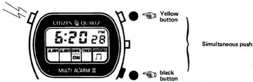 CITIZEN QUARTZ 5:20 28 PM ALARM ALARM CHINE TIMER REPELATER ON MULTI ALARM II Yellow button Simultaneous push black button