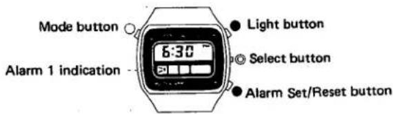 Mode button 6:30 Light button Select button Alarm 1 indication Alarm Set/Reset button