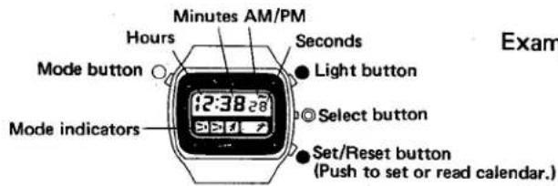 Minutes AM/PM Hours Mode button Mode indicators Seconds Light button Select button Set/Reset button (Push to set or read calendar.) Exam