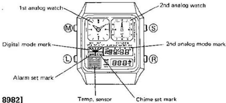 1st analog watch Digital mode mark Alarm set mark Temp, sensor Chime set mark 2nd analog watch 2nd analog mode mark 8:38" 888"