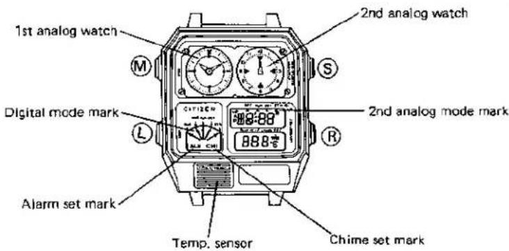1st analog watch Digital mode mark Alarm set mark Temp. sensor Chime set mark 2nd analog watch 2nd analog mode mark 8:88 888 R S