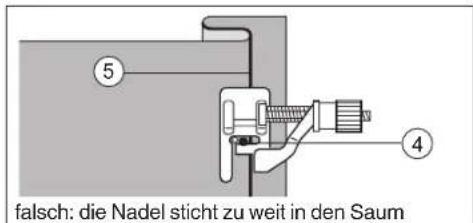 falsch: die Nadel sticht zu weit in den Saum