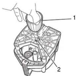 Technical diagram of a mechanical assembly with labeled parts 1 and 2, showing hands operating a component.