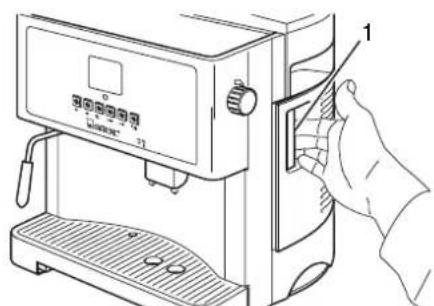 Technical diagram of a coffee machine with labeled control panel and hand gesture pointing to a component